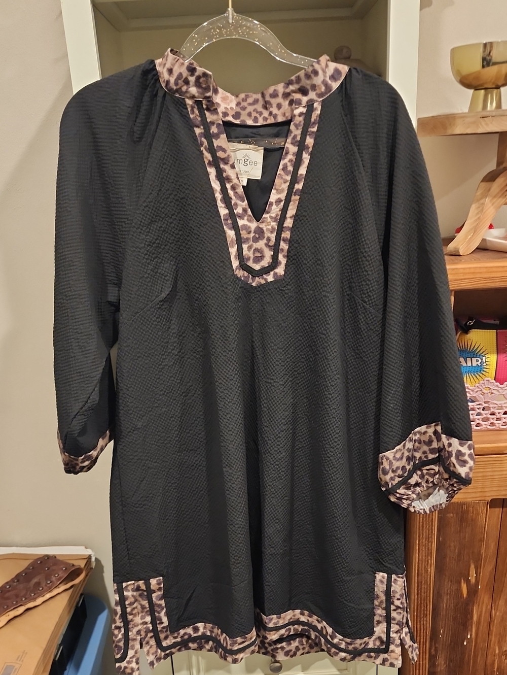 Umgee Black Long-Sleeve Tunic with Leopard Trim